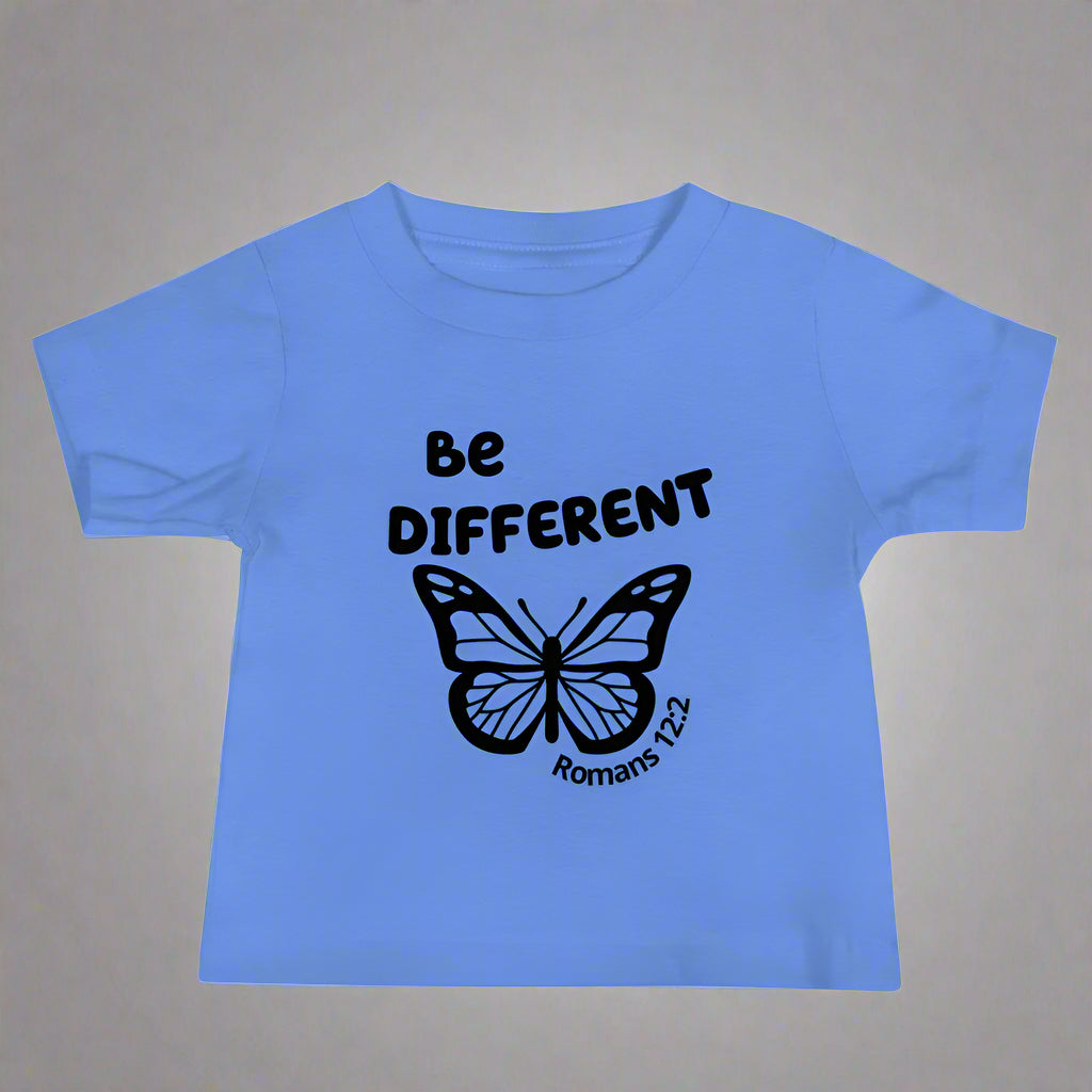 Baby blue short sleeve tshirt with bible verse Romans 12:2 Be different 