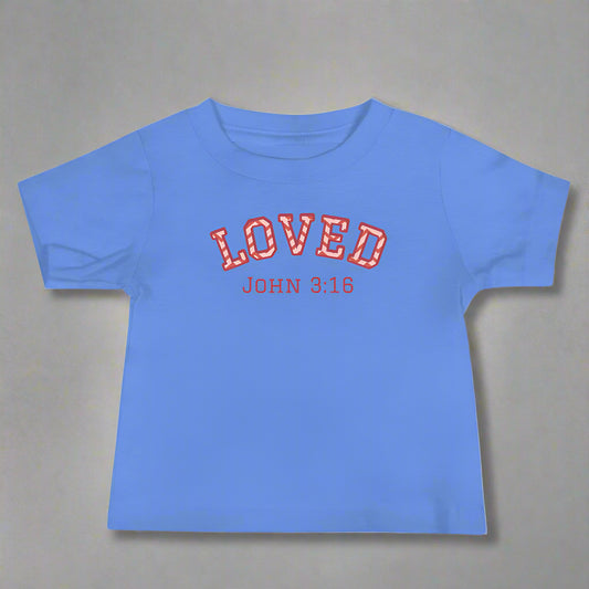 Baby blue short sleeve t-shirt with bible verse Loved Jonh 3:16  