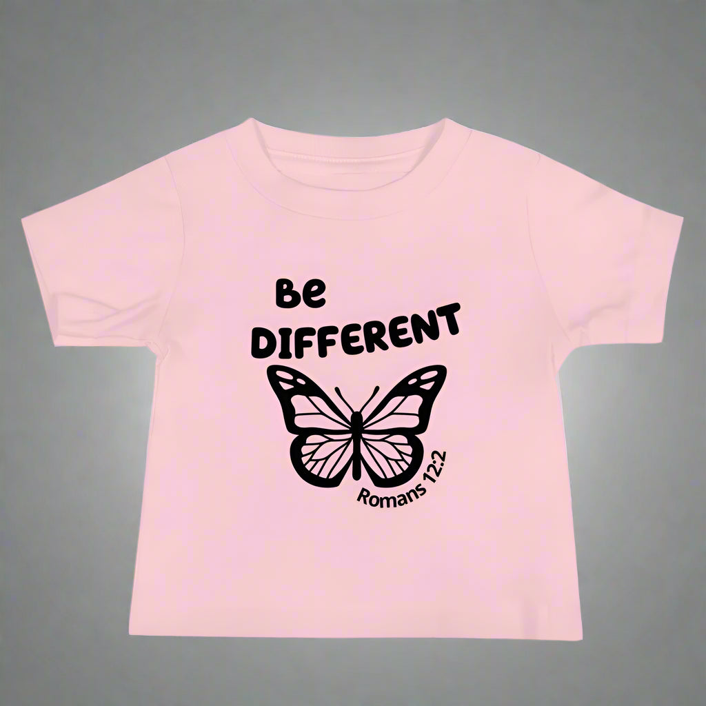 Baby pink short sleeve tshirt with bible verse Romans 12:2 Be different 