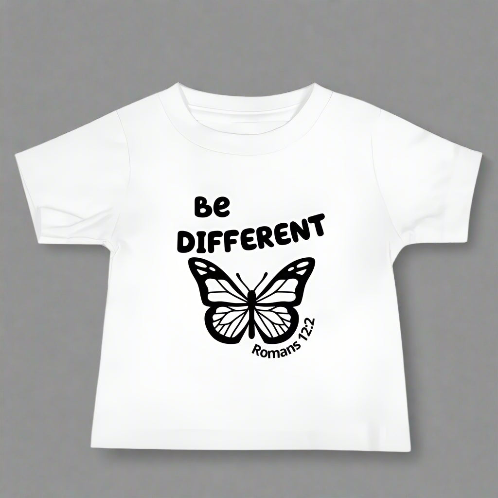 baby white short sleeve tshirt with bible verse Romans 12:2 Be different