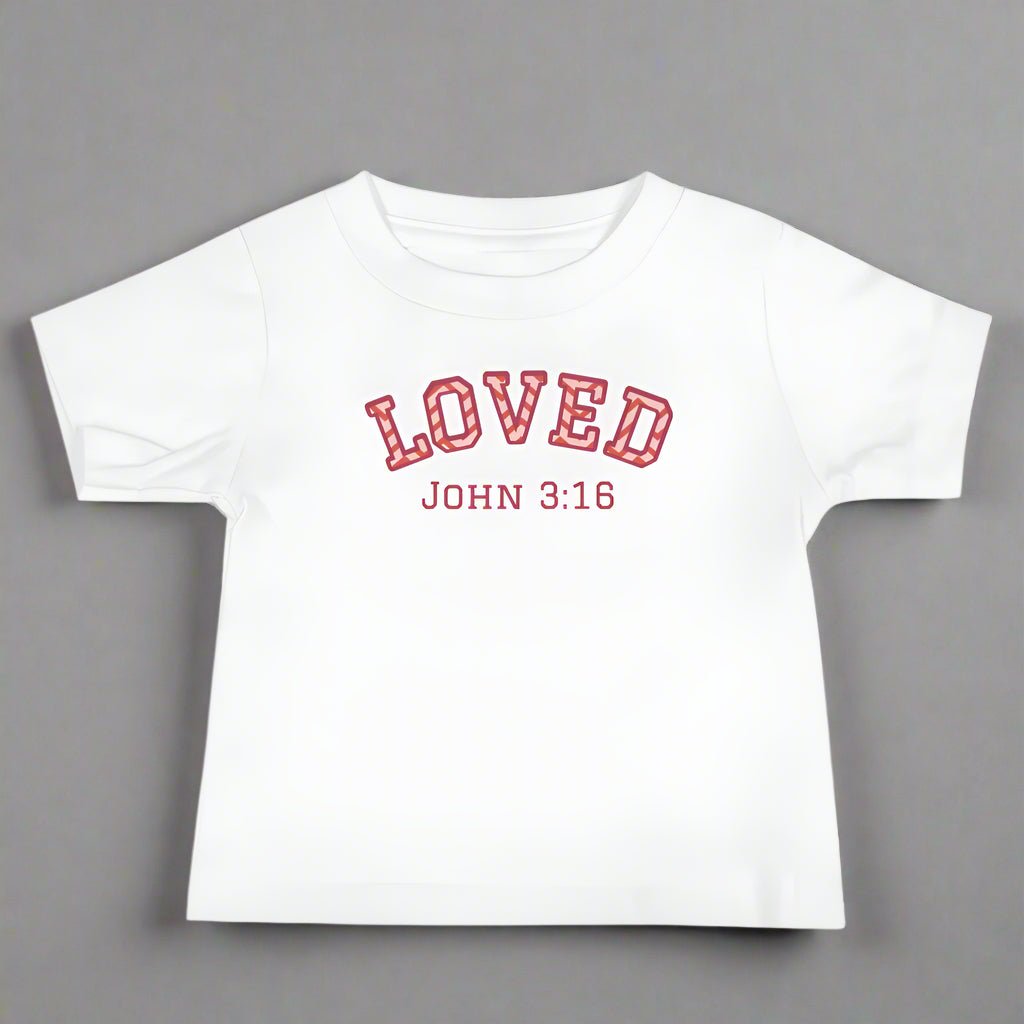 Baby white short sleeve tshirt with bible verse Loved John 3:16