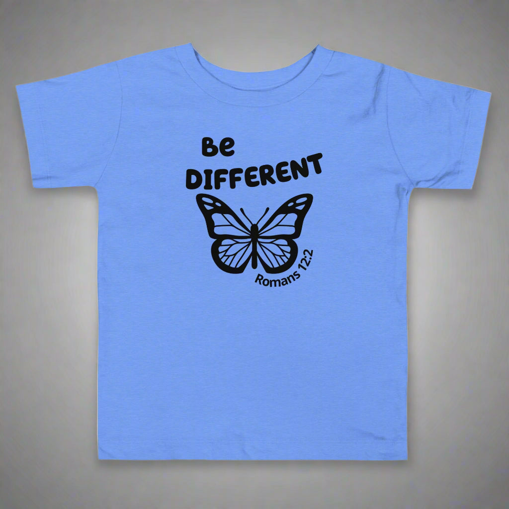 Toddler blue short sleeve t-shirt with bible verse Romans 12:2 Be different 