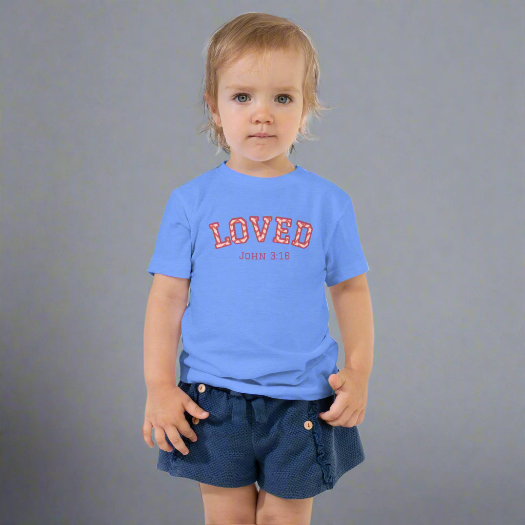 Toddler blue short sleeve t-shirt with bible verse John 3:16 Loved  