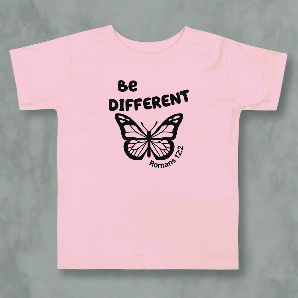 Toddler pink short sleeve t-shirt with bible verse Romans 12:2 Be different