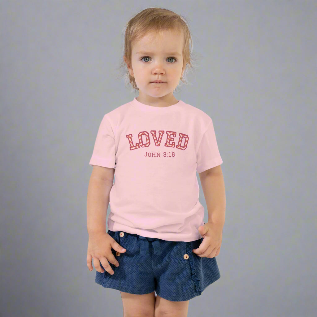 Toddler pink short sleeve t-shirt with bible verse John 3:16 Loved  