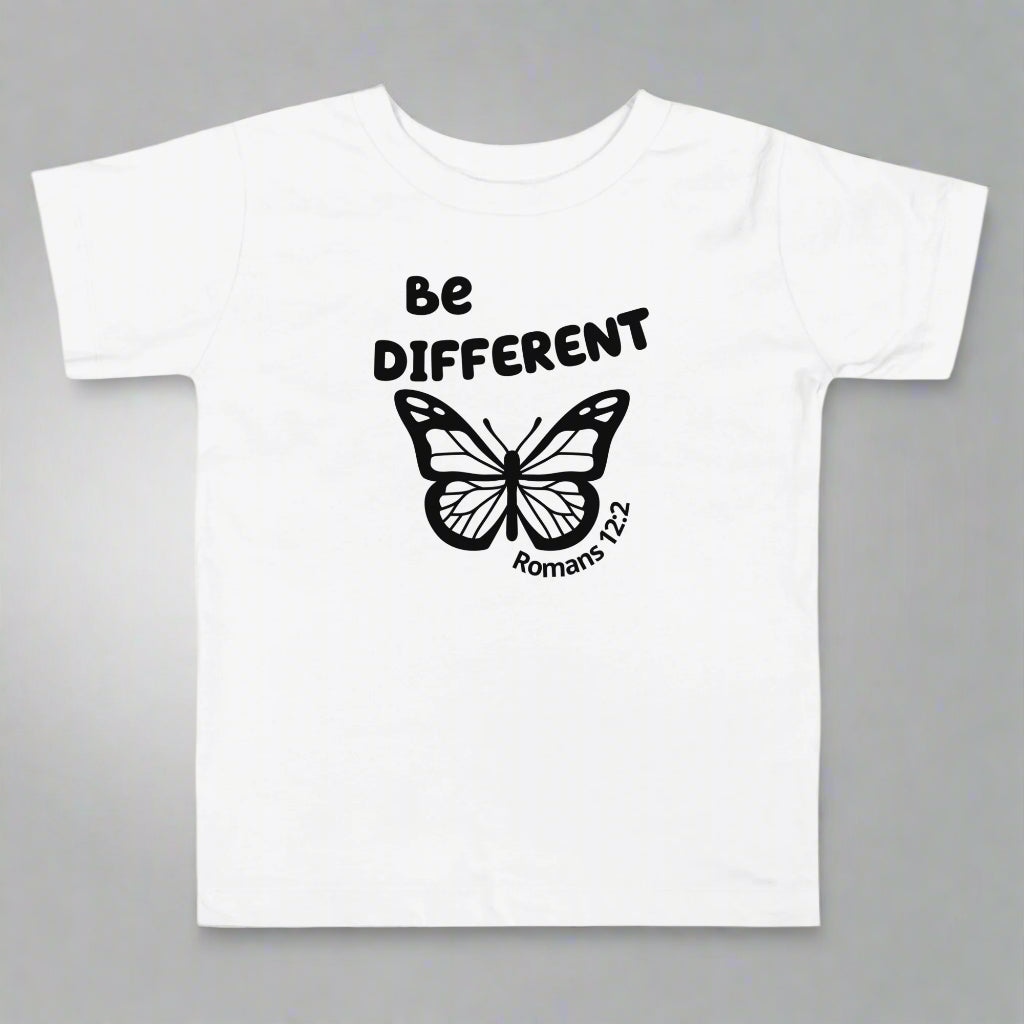 Toddler white short sleeve t-shirt with bible verse Romans 12:2 Be different