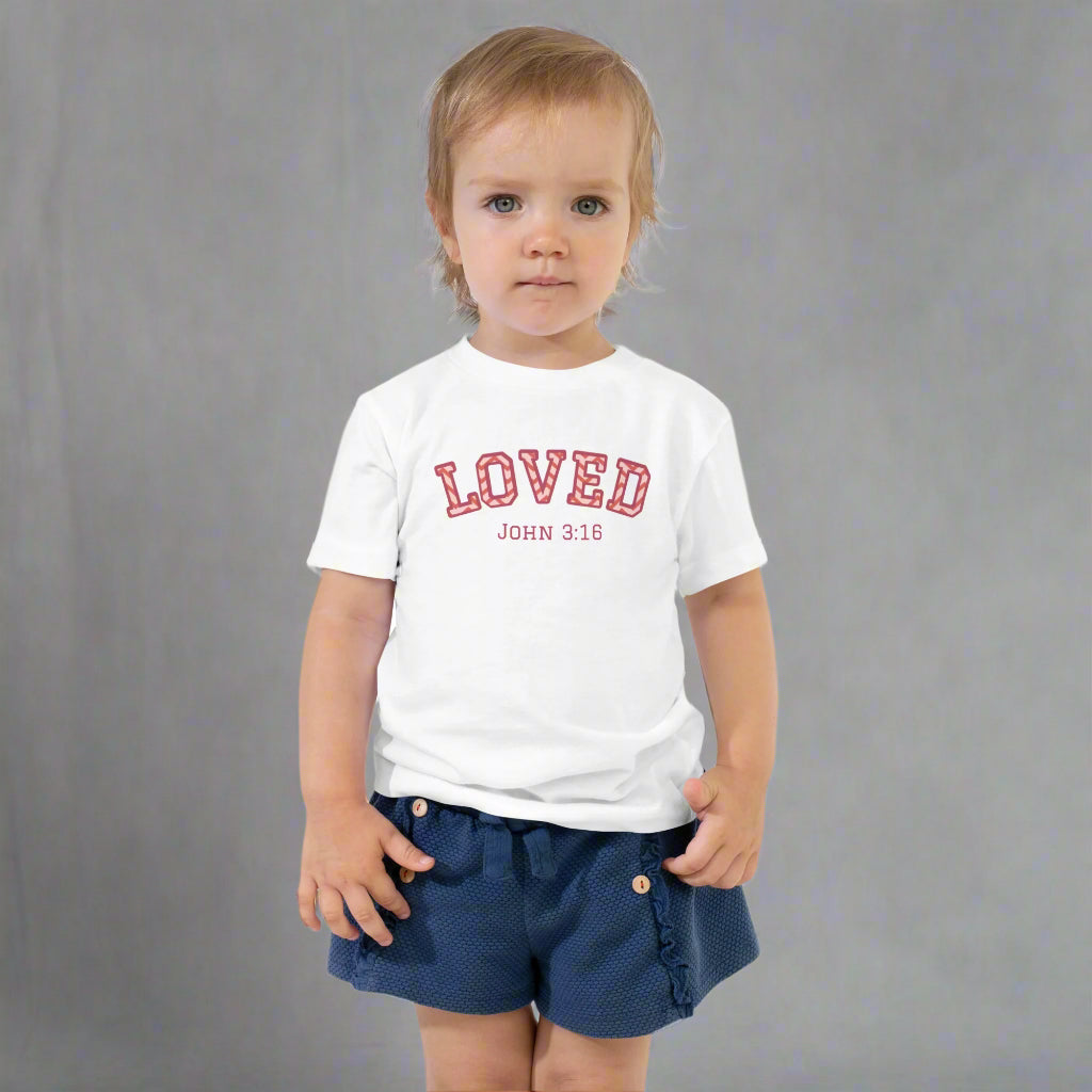 Toddler white short sleeve t-shirt with bible verse John 3:16 Loved  