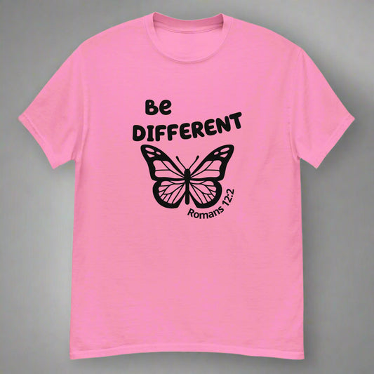 Unisex pink short sleeve t-shirt with bible verse Romans 12:2 Be different