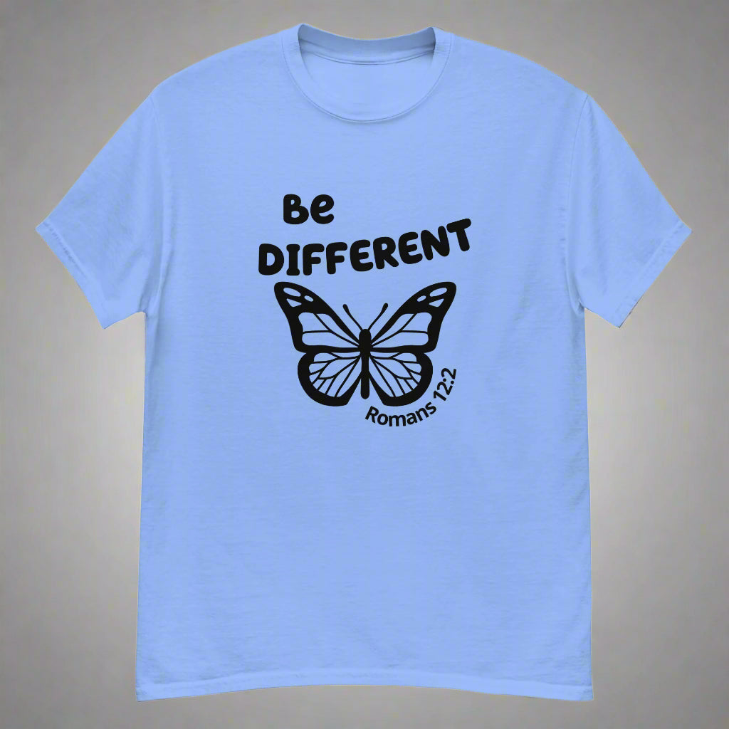 Unisex blue short sleeve t-shirt with bible verse Romans 12:2 Be different