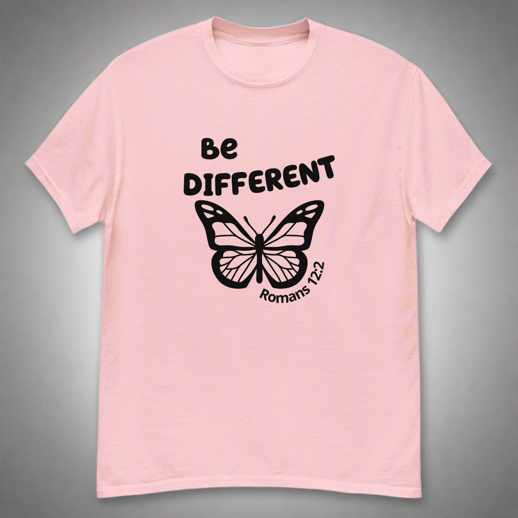 Unisex light pink short sleeve t-shirt with bible verse Romans 12:2 Be different