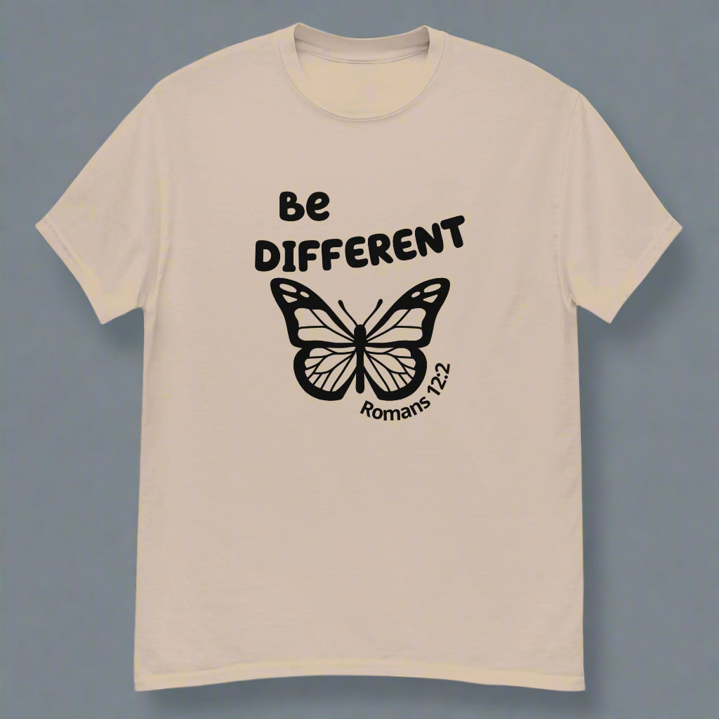 Unisex tan short sleeve t-shirt with bible verse Romans 12:2 Be different