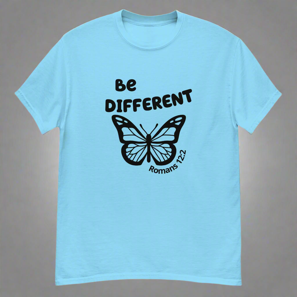 Unisex light blue short sleeve t-shirt with bible verse Romans 12:2 Be different