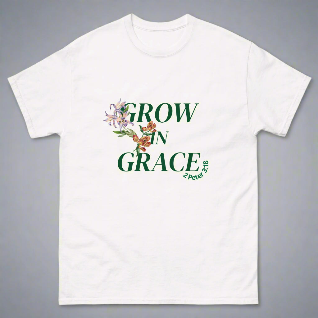 Unisex white short sleeve t-shirt with bible verse 2 peter 3:18 Grow in Grace 