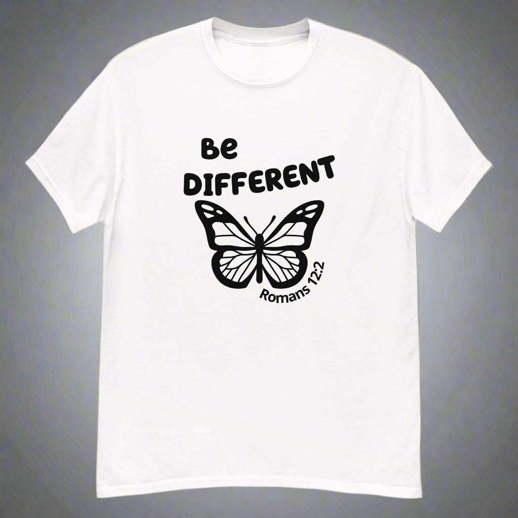 Unisex white short sleeve t-shirt with bible verse Romans 12:2 Be different