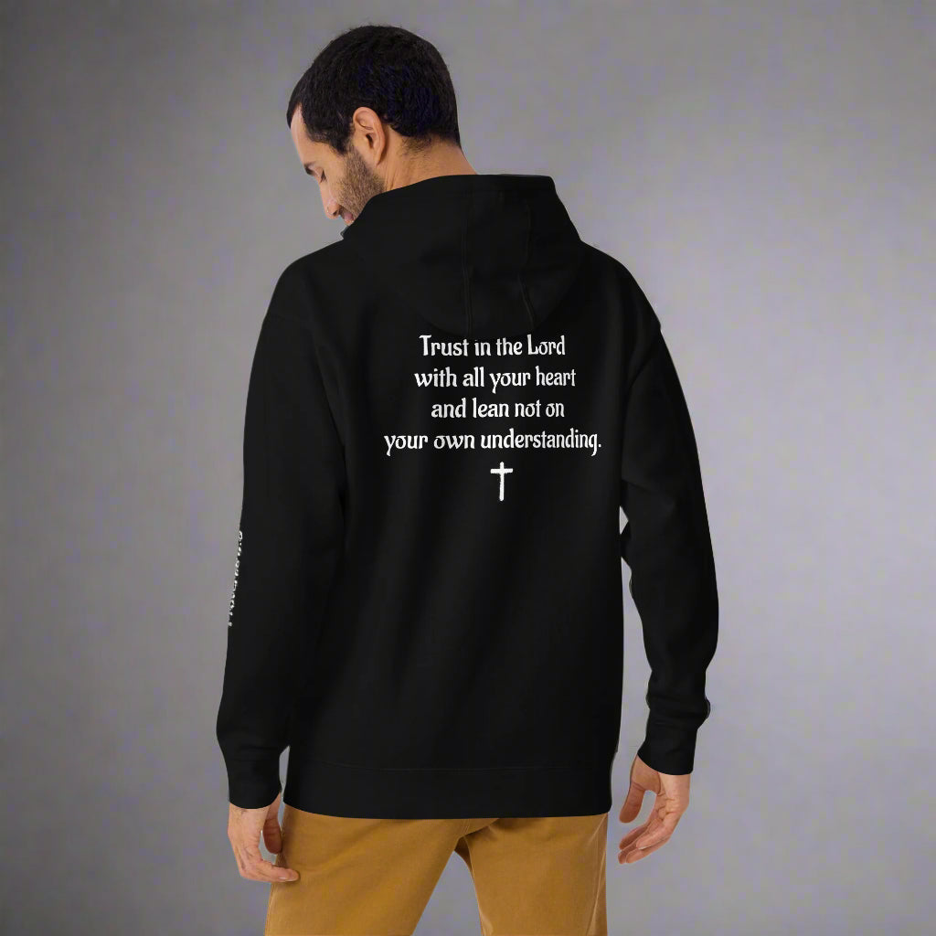 Unisex black hoodie with verse praise logo on the front, Proverbs 3:5 on left sleeve and Trust in the lord with all your heart and lean not onto your own understanding with cross 