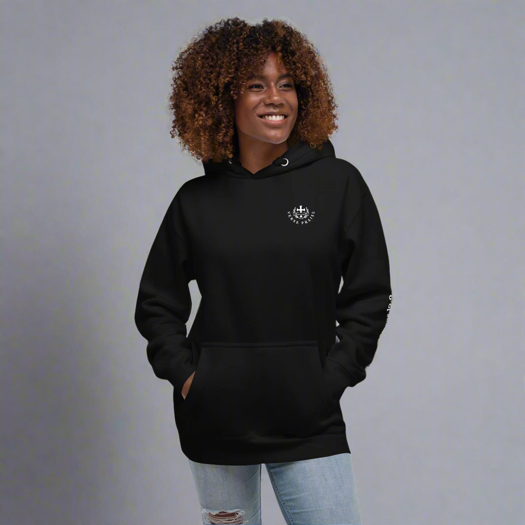 Unisex black hoodies with verse praise logo on the front, Romans 12:2 on left sleeve, Do not be conformed to this world but be transformed by the renewal of your mind with cross