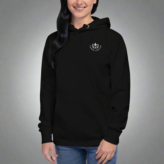 Unisex black hoodies with verse praise logo on the front, Romans 8:28 on left sleeve, And we know that in all things God works for the good of those who love him verse with cross