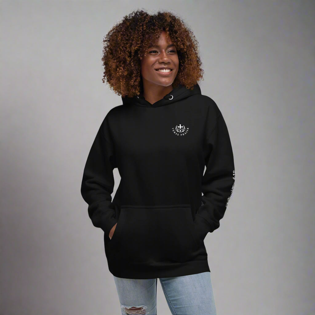 Unisex black hoodie with verse praise logo 