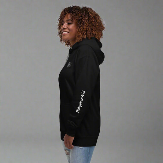 Unisex black hoodie with Philippians 4:13 on left sleeve