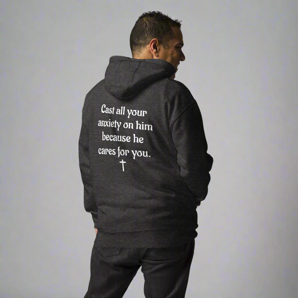 Unisex gray hoodies with verse praise logo on the front, Romans 12:2 on left sleeve, Do not be conformed to this world but be transformed by the renewal of your mind with cross