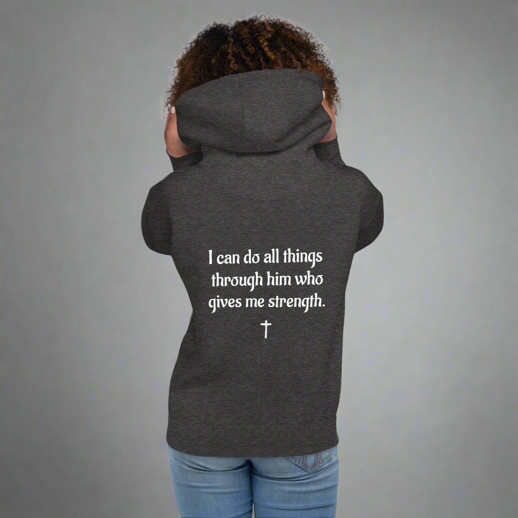 Unisex gray hoodie with bible verse I can do all things through him who gives me strength with cross