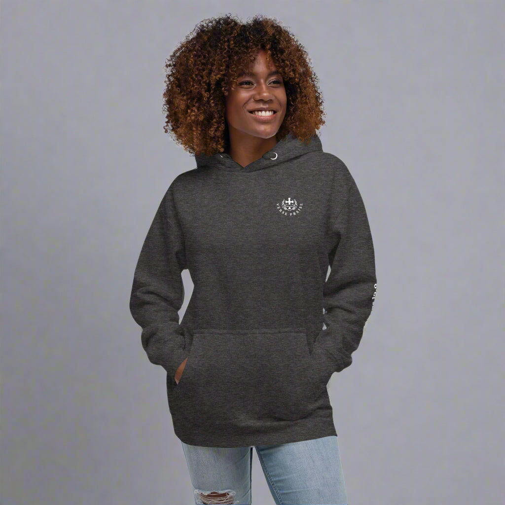 Unisex gray hoodies with verse praise logo on the front, Romans 12:2 on left sleeve, Do not be conformed to this world but be transformed by the renewal of your mind with cross