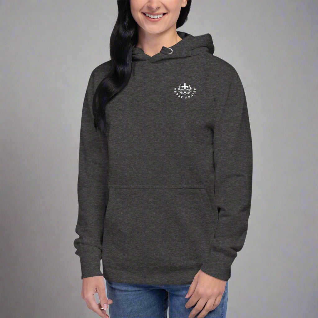 Unisex gray hoodies with verse praise logo on the front, Romans 8:28 on left sleeve, And we know that in all things God works for the good of those who love him verse with cross