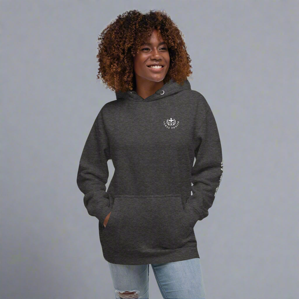 Unisex gray hoodie with verse praise logo 