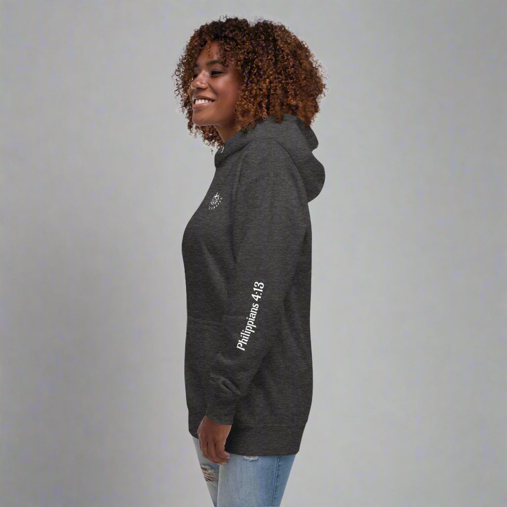 Unisex gray hoodie with bible verse Philippians 4:13 on left sleeve