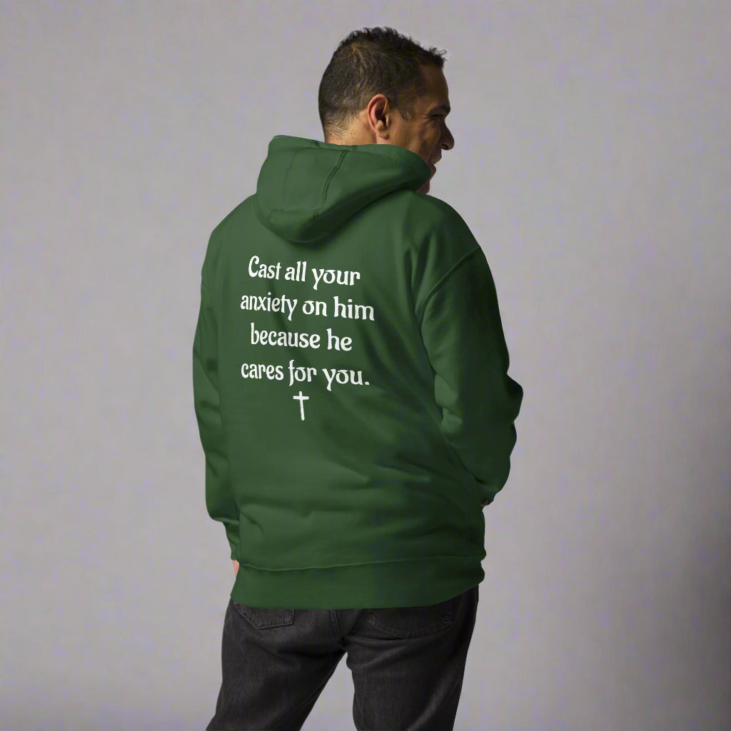 Unisex forest green hoodies with verse praise logo on the front, Romans 12:2 on left sleeve, Do not be conformed to this world but be transformed by the renewal of your mind with cross