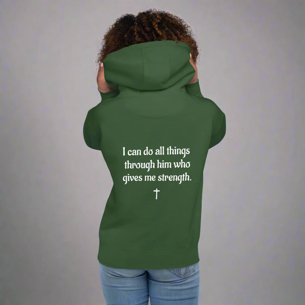 Unisex forest green hoodie with bible verse I can do all things through him who gives me strength with cross