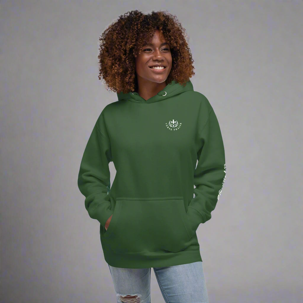 Unisex forest green hoodie with verse praise logo