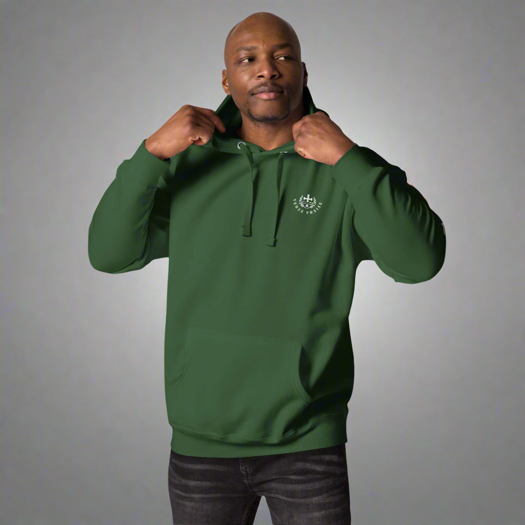 Unisex forest green hoodies with verse praise logo on the front, Timothy 1:7 on left sleeve, For God gave us a spirit not of fear but of power, love and self control with cross