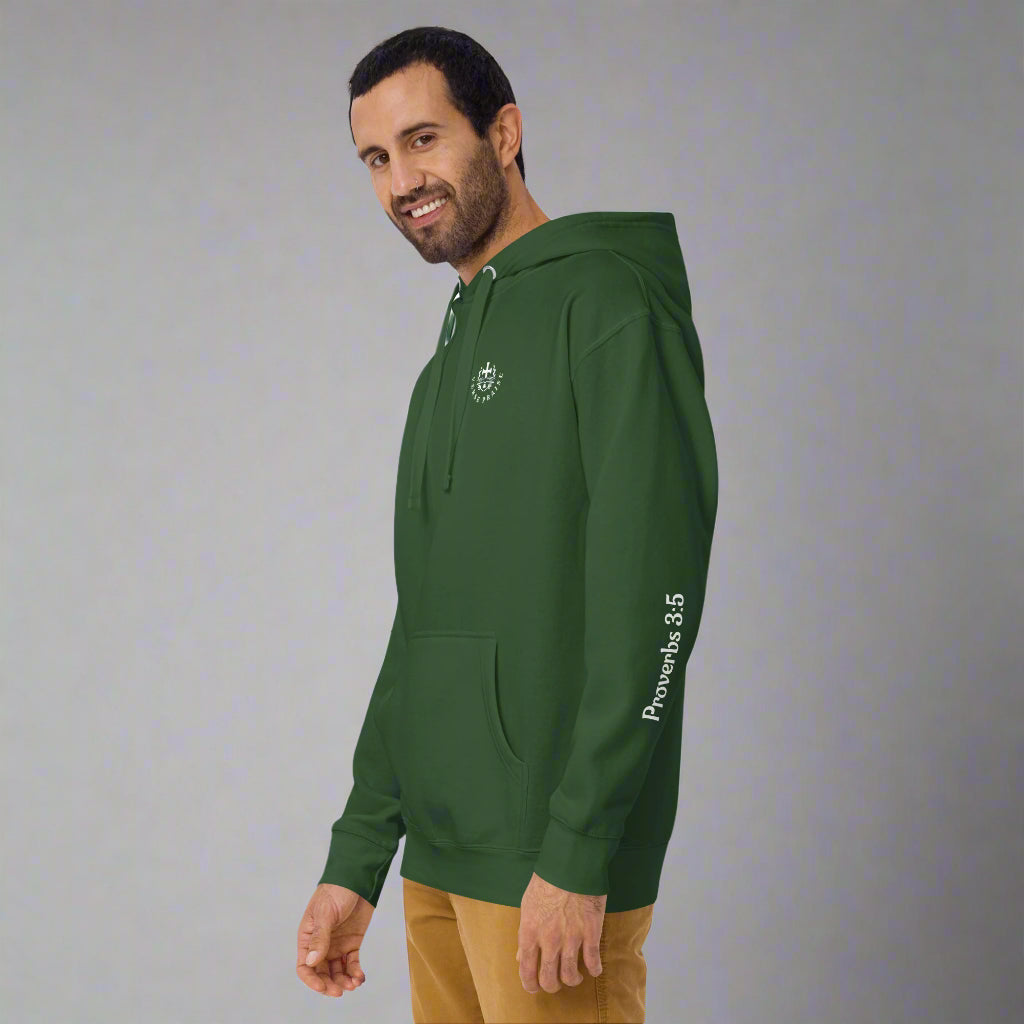 Unisex forest green hoodie with verse praise logo on the front, Proverbs 3:5 on left sleeve and Trust in the lord with all your heart and lean not onto your own understanding with cross 