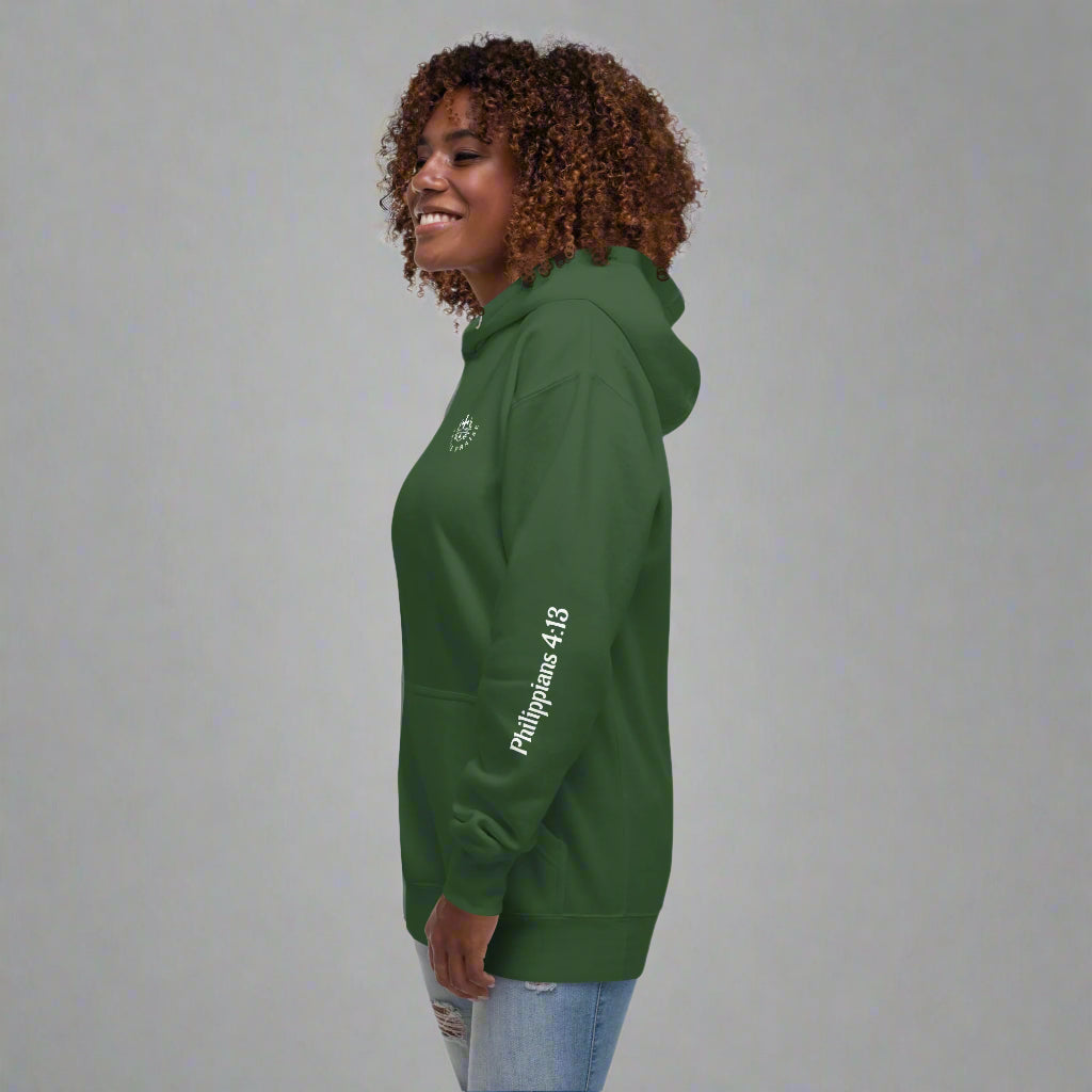 unisex forest green hoodie with bible verse Philippians 4:13