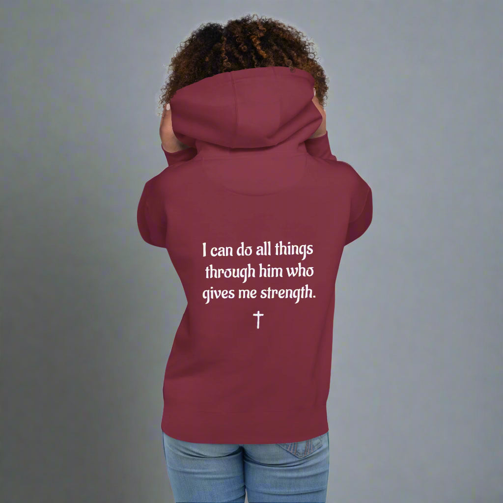 Unisex maroon hoodie with bible verse I can do all things through him who gives me strength with cross