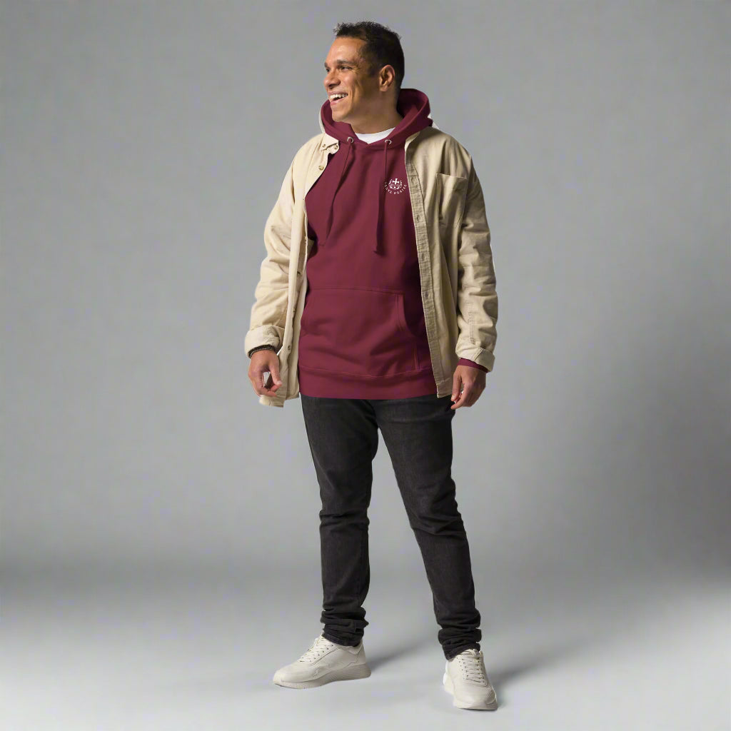 Unisex maroon hoodies with verse praise logo on the front, Romans 12:2 on left sleeve, Do not be conformed to this world but be transformed by the renewal of your mind with cross