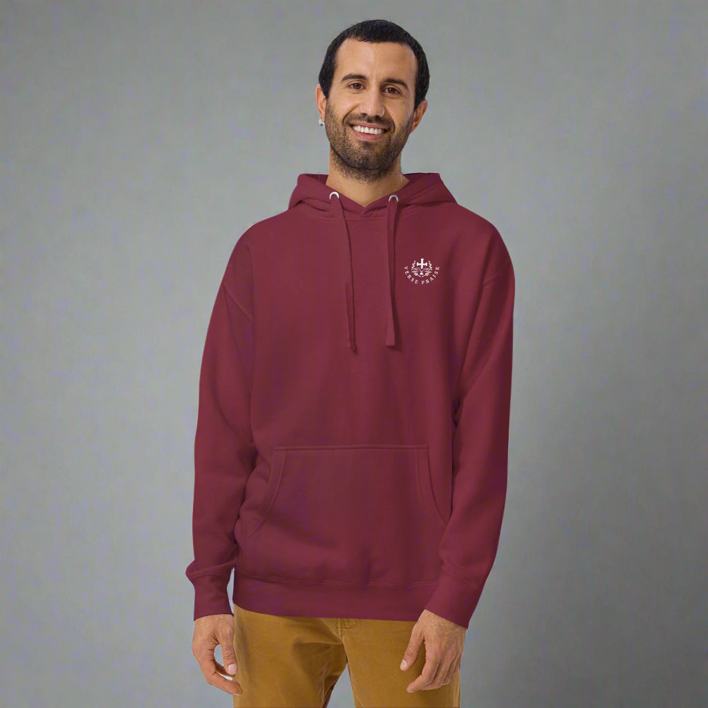 Unisex maroon hoodie with verse praise logo on the front, Proverbs 3:5 on left sleeve and Trust in the lord with all your heart and lean not onto your own understanding with cross 