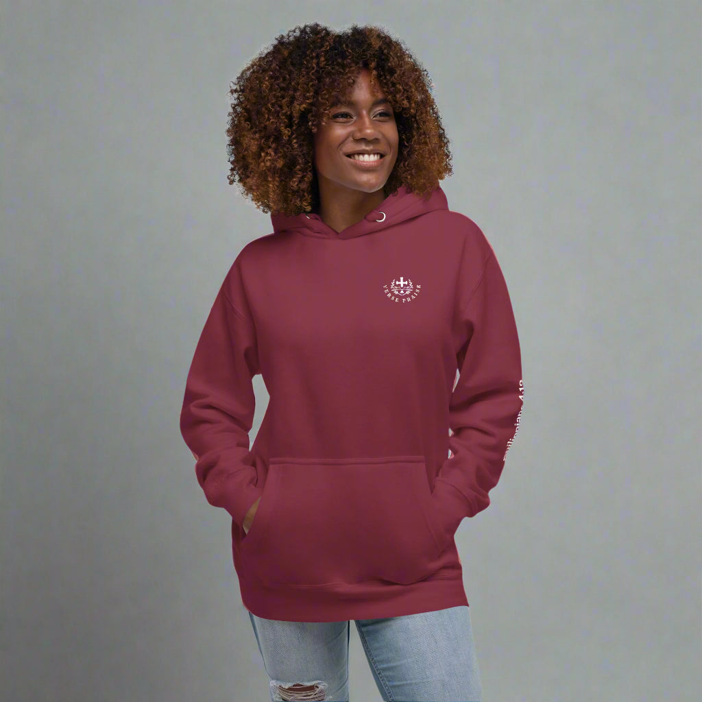 Unisex maroon hoodie with verse praise logo 