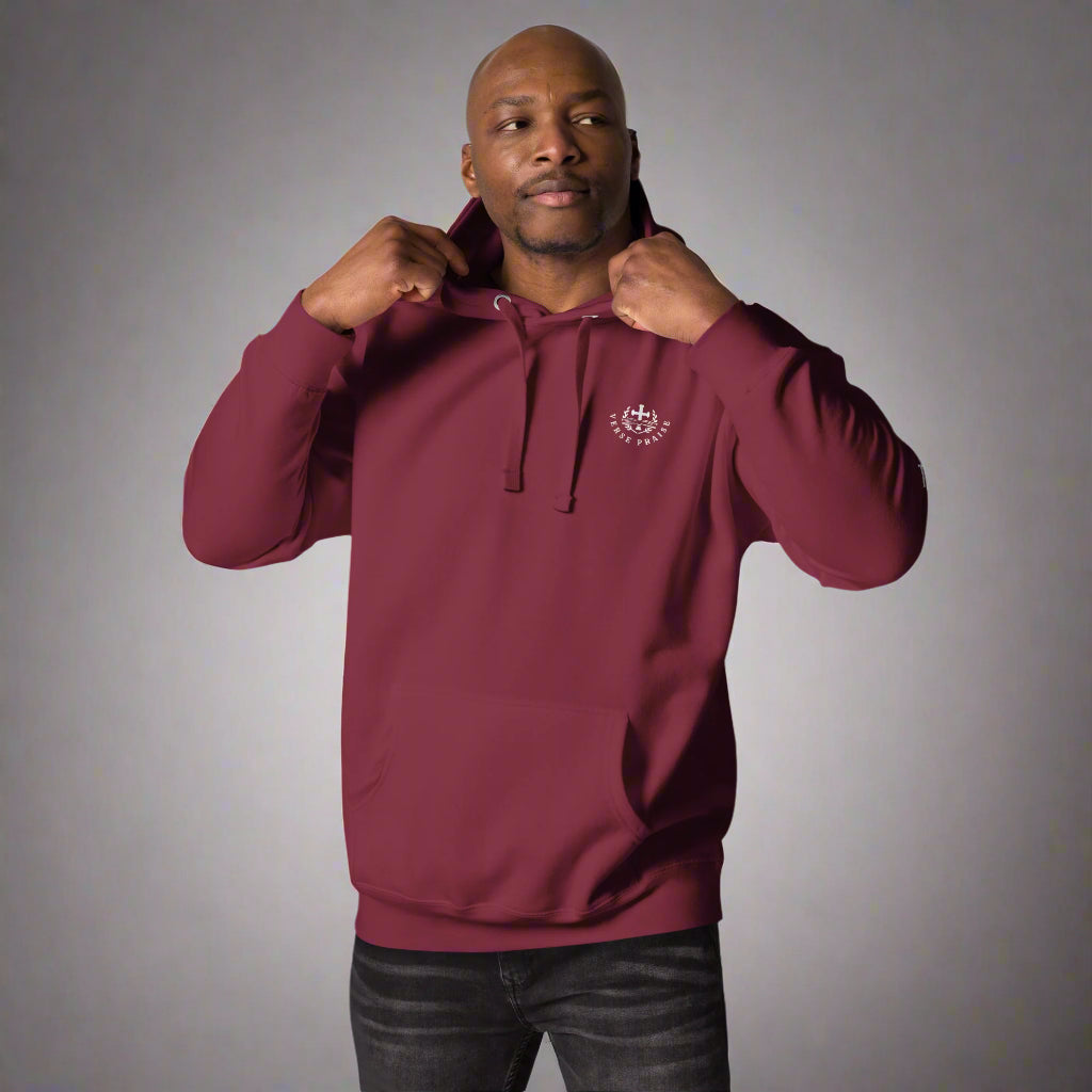 Unisex maroon hoodies with verse praise logo on the front, Timothy 1:7 on left sleeve, For God gave us a spirit not of fear but of power, love and self control with cross