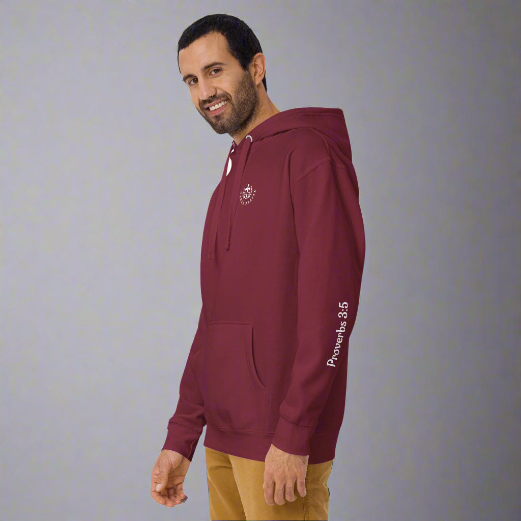 Unisex maroon hoodie with verse praise logo on the front, Proverbs 3:5 on left sleeve and Trust in the lord with all your heart and lean not onto your own understanding with cross 