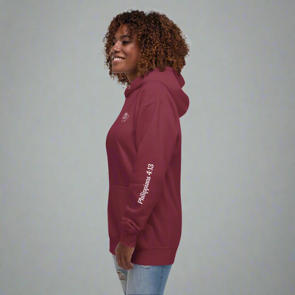 Unisex maroon hoodie with bible verse Philippians 4:13