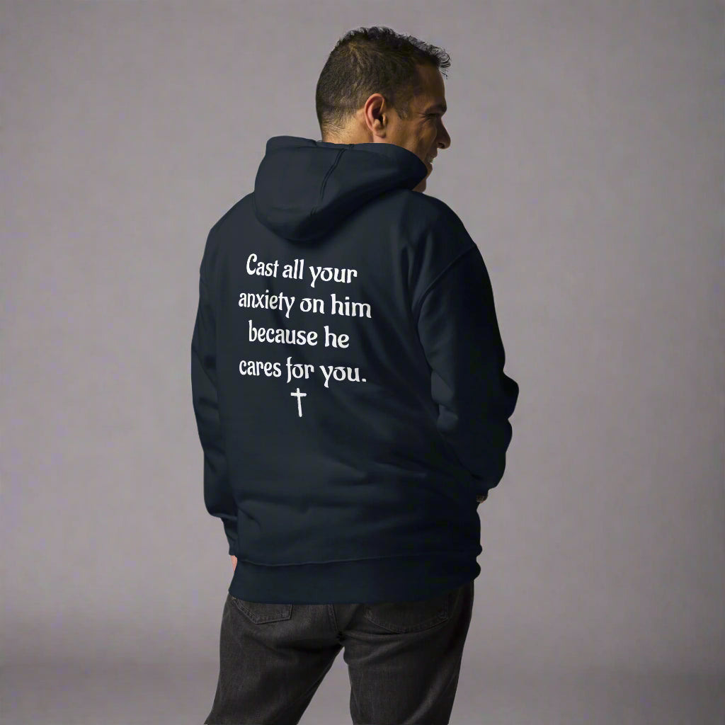 Unisex navy hoodies with verse praise logo on the front, Romans 12:2 on left sleeve, Do not be conformed to this world but be transformed by the renewal of your mind with cross