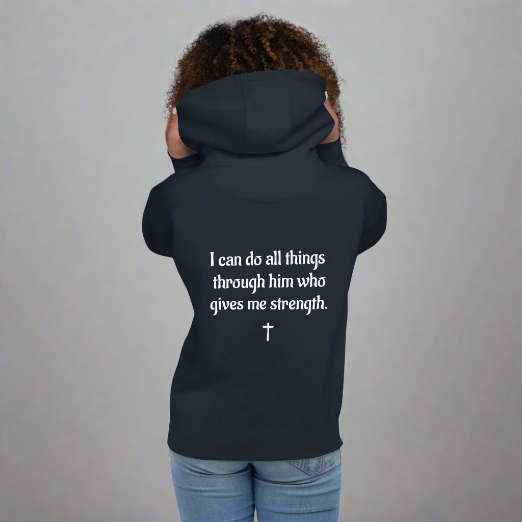 Unisex navy hoodie with bible verse I can do all things through him who gives me strength with cross