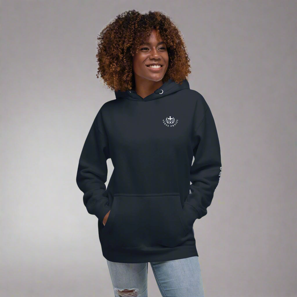 Unisex navy hoodies with verse praise logo on the front, Romans 12:2 on left sleeve, Do not be conformed to this world but be transformed by the renewal of your mind with cross