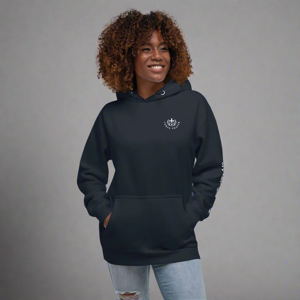 Unisex navy hoodie with verse praise logo 