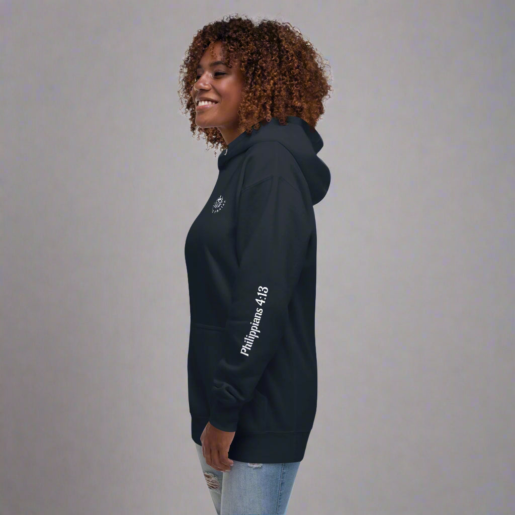 Unisex navy hoodie with bible verse Philippians 4:13