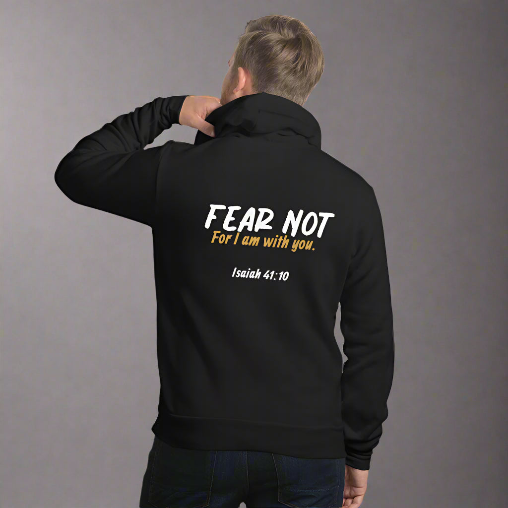 Unisex black hoodies with verse praise logo on the front, Isaiah 41 :10 fear not for i am with you 