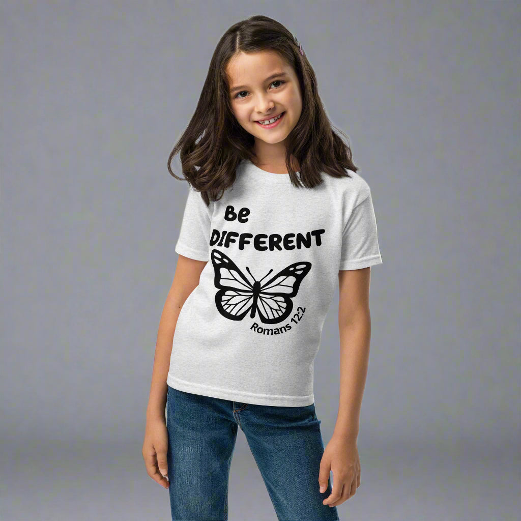 Kids unisex gray short sleeve t-shirt with bible verse Romans 12:2 Be different