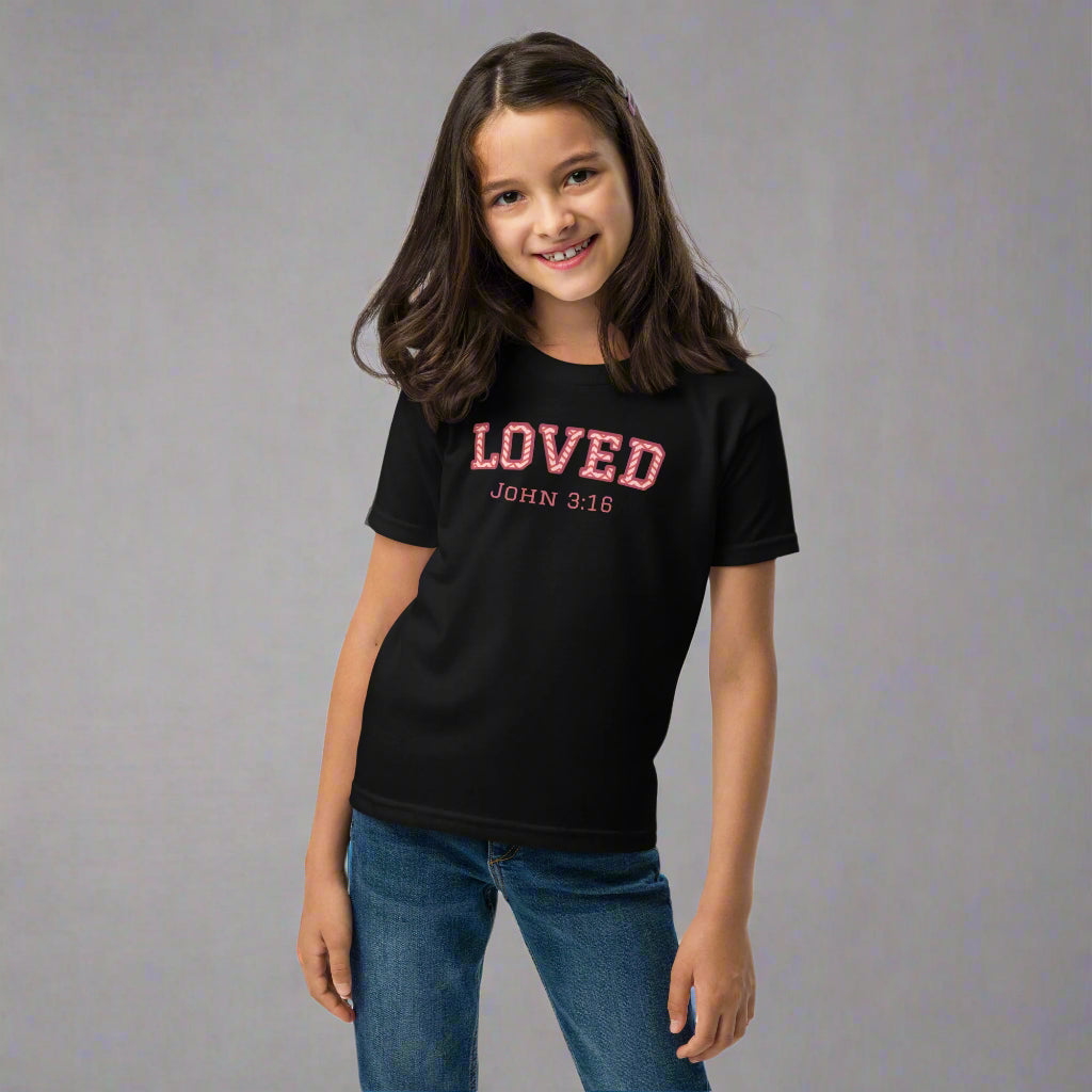 Kids black short sleeve t-shirt with bible verse John 3:16 Loved 